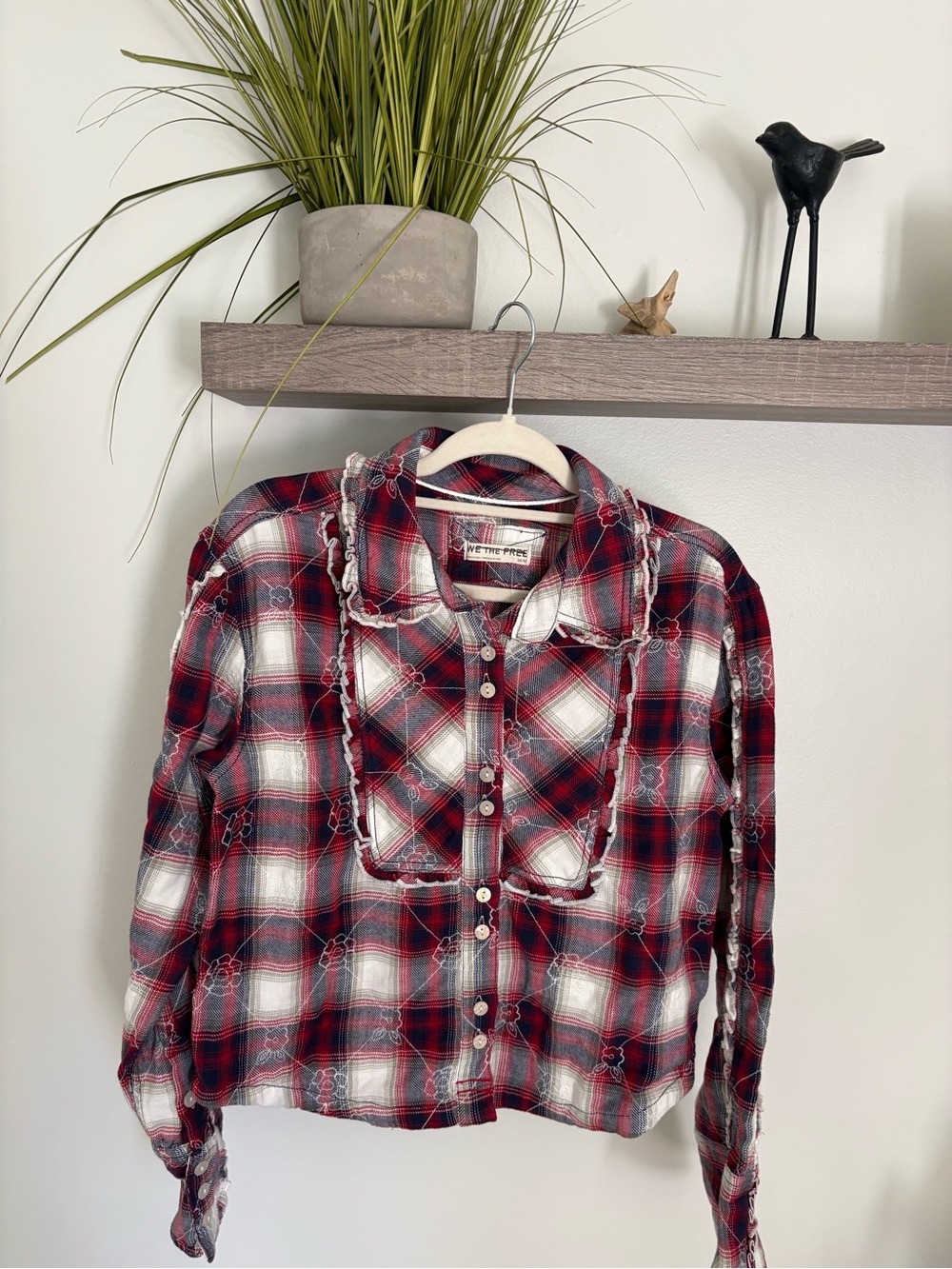 We The Free Red White Navy Plaid embroidered Ruffle Bib Button-Up free people